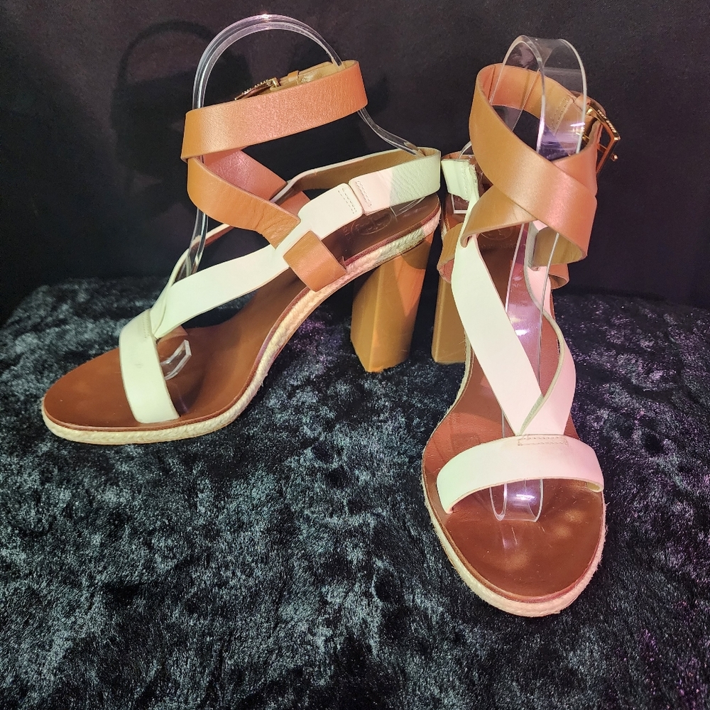 Tory Burch Brown and White Size 8.5 Leather Heels